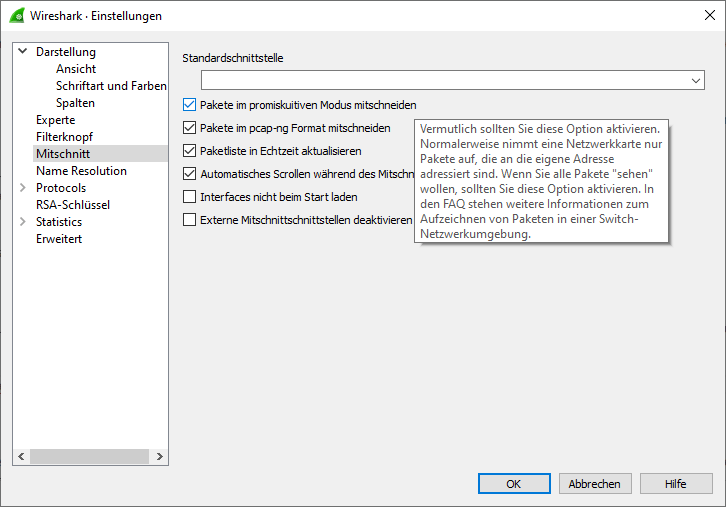 Wireshark Einstellungen - Mitschnitt