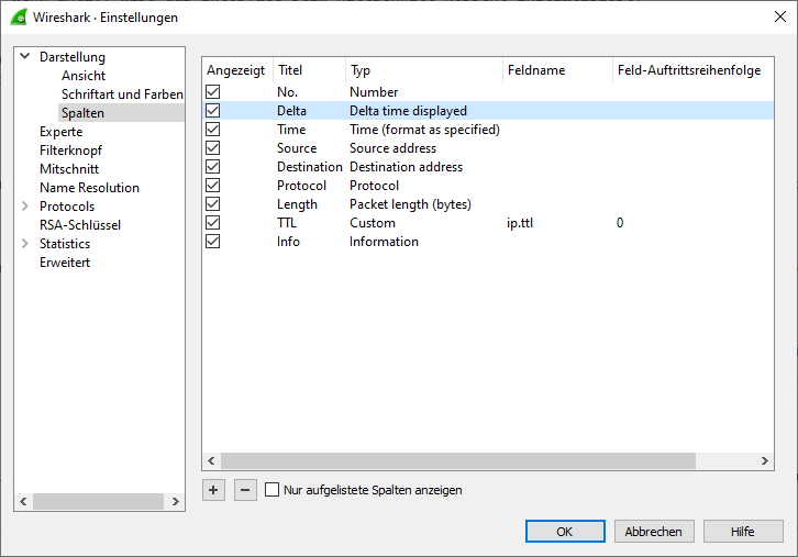 Wireshark Einstellungen - Spalten